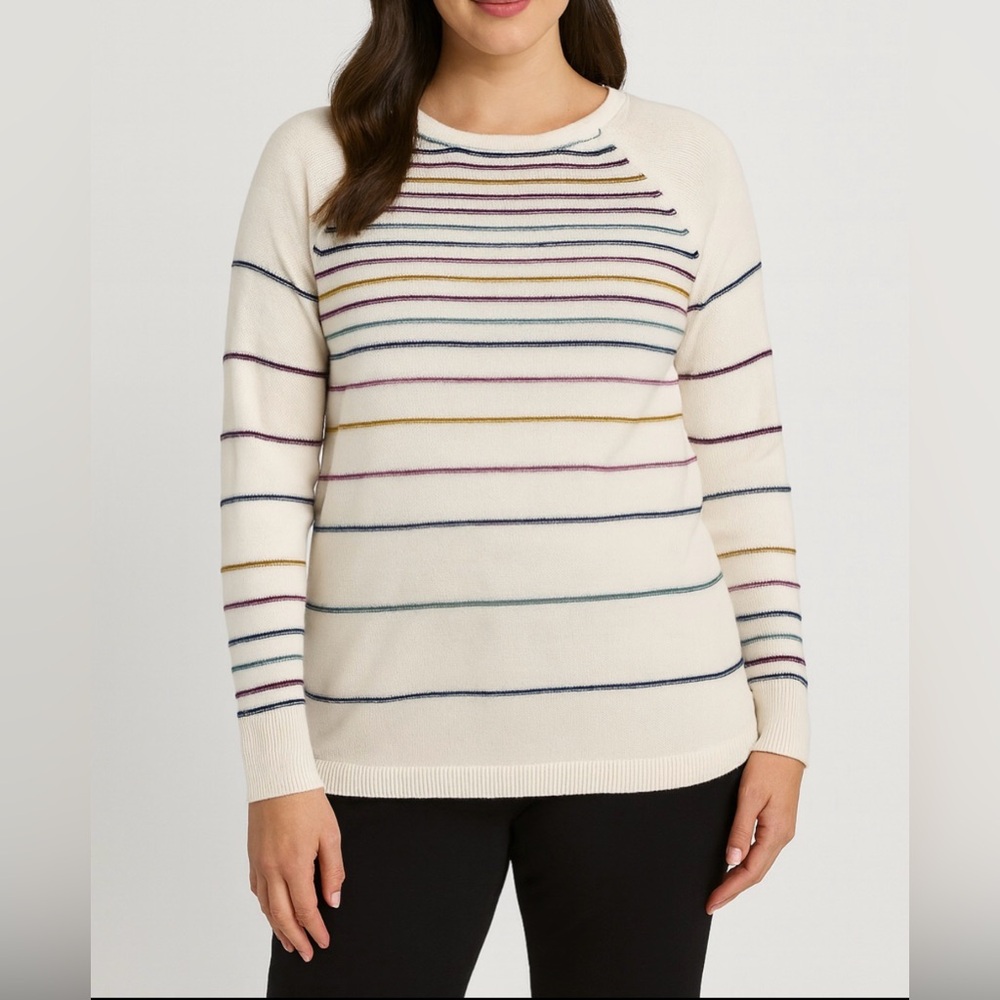 Talbots Stripe Knit Sweater XL Cream Multicolor Ribbed Cotton Blend | Excellent